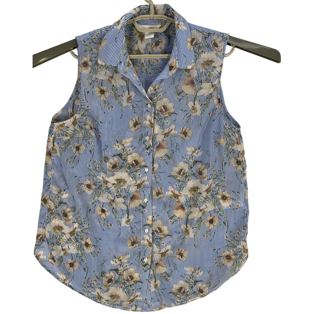 HM Blouse Size 8 Blue White Floral Sleeveless Button Up Garden Fairy Romantic - Picture 2 of 7